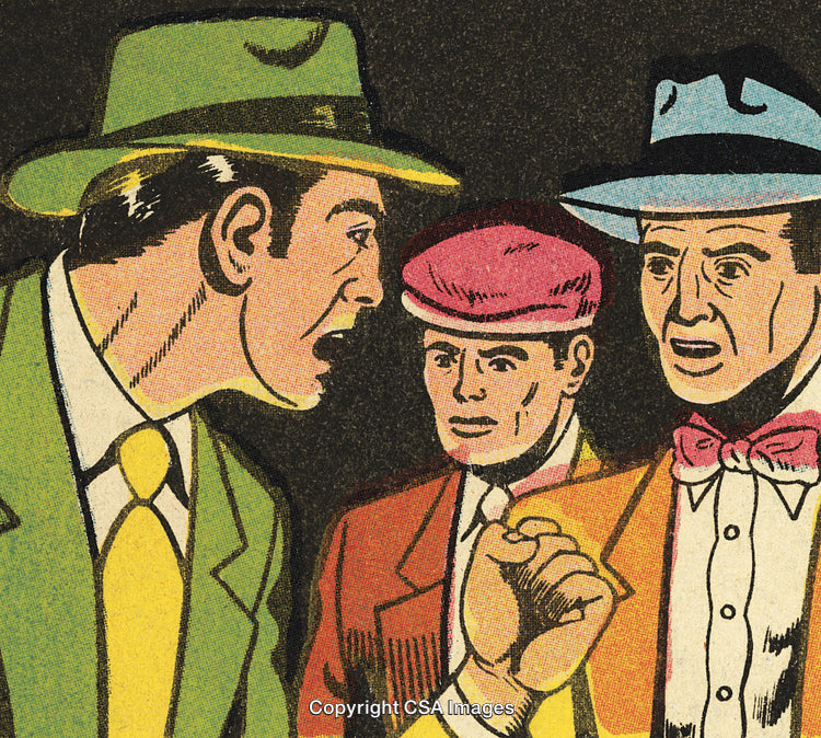 Vintage Comic Illustration of Three Men in Dialogue with Expressive Gestures
