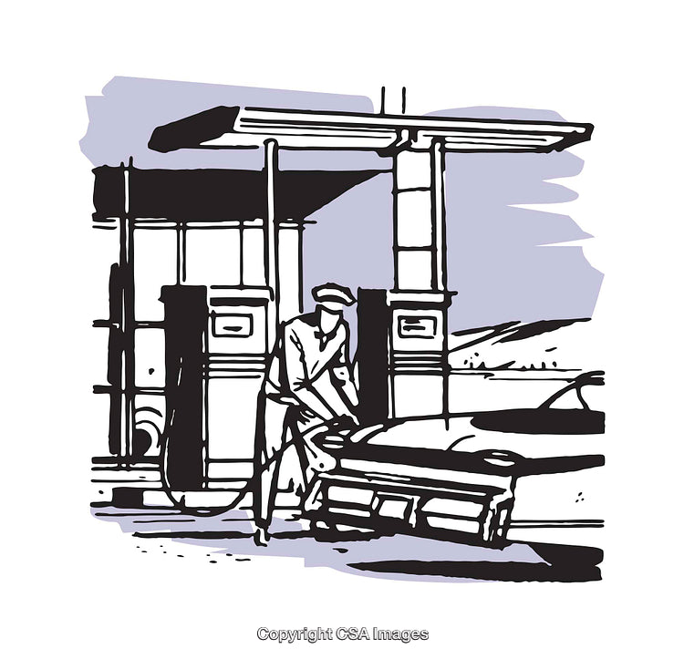 Retro-Style Illustration of a Gas Station and Attendant at Work