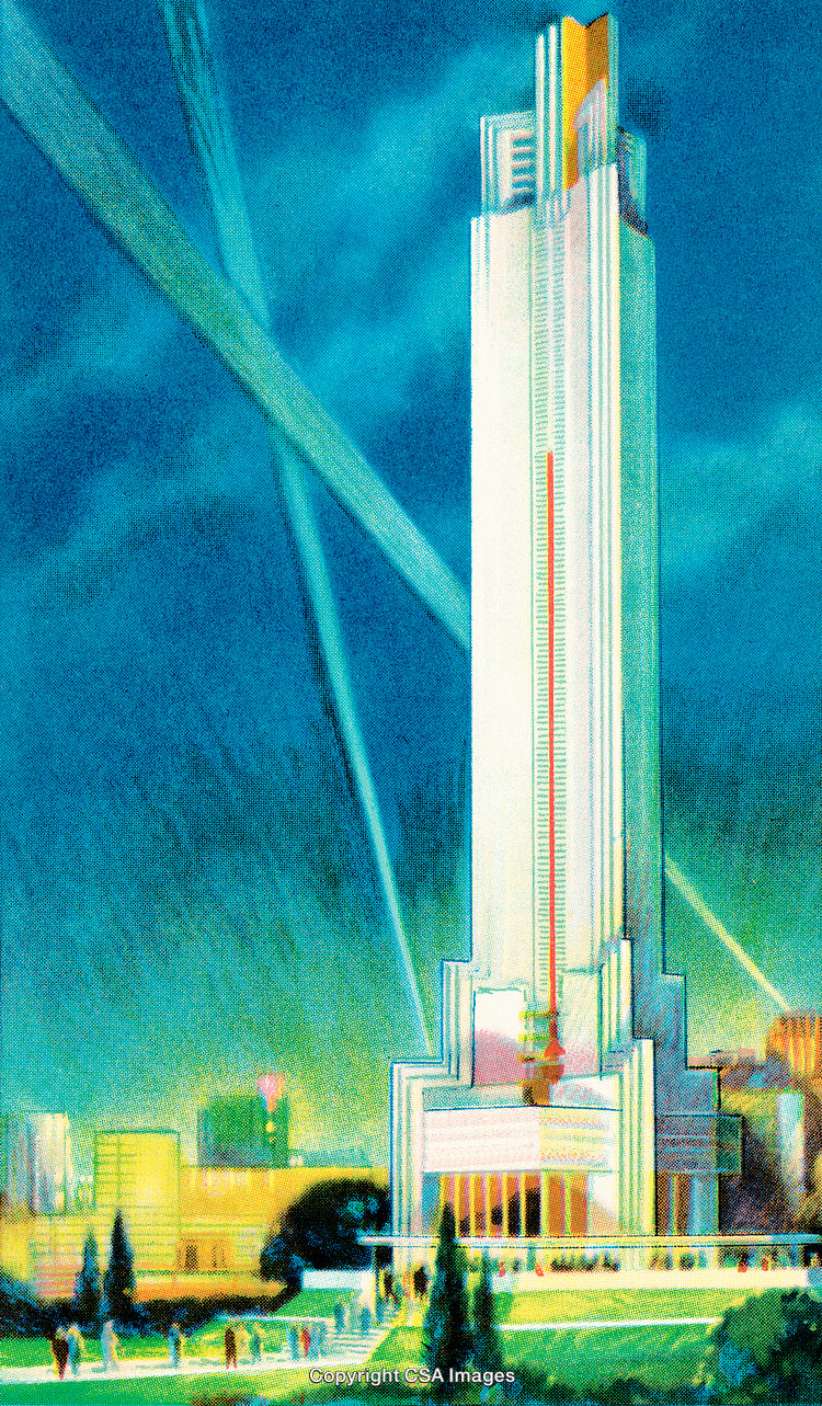 Futuristic Art Deco Tower With Vibrant Lighting in Night Landscape