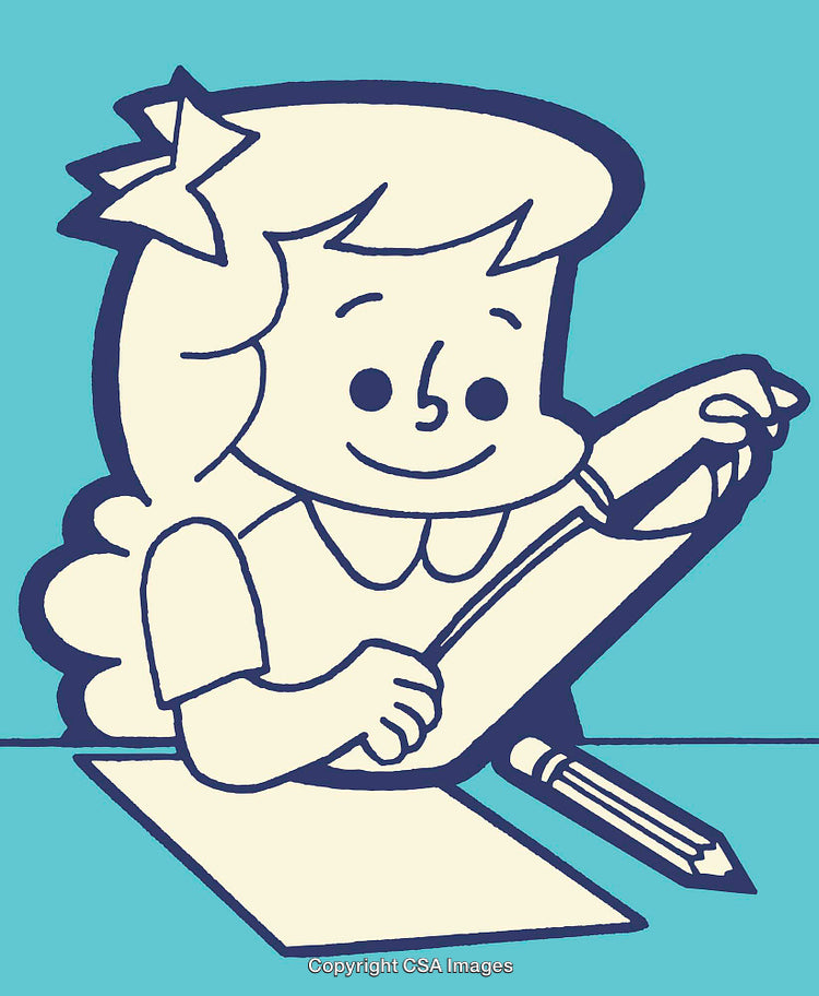 Cheerful Cartoon Girl Writing with Pencil in Retro Line Art Style