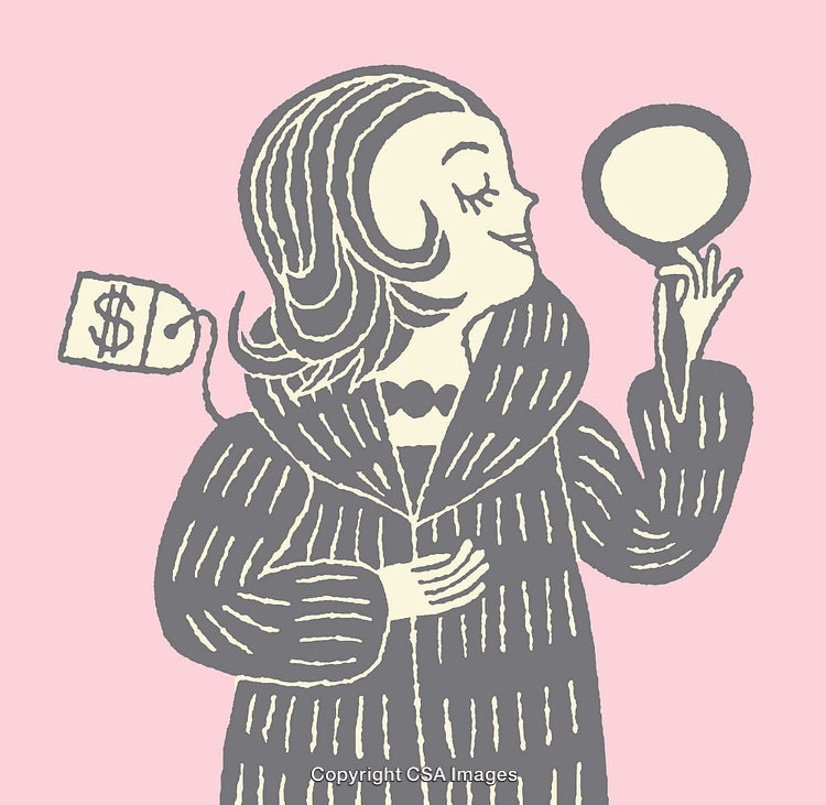 Stylized Line Art Illustration of Woman with Coat and Price Tag