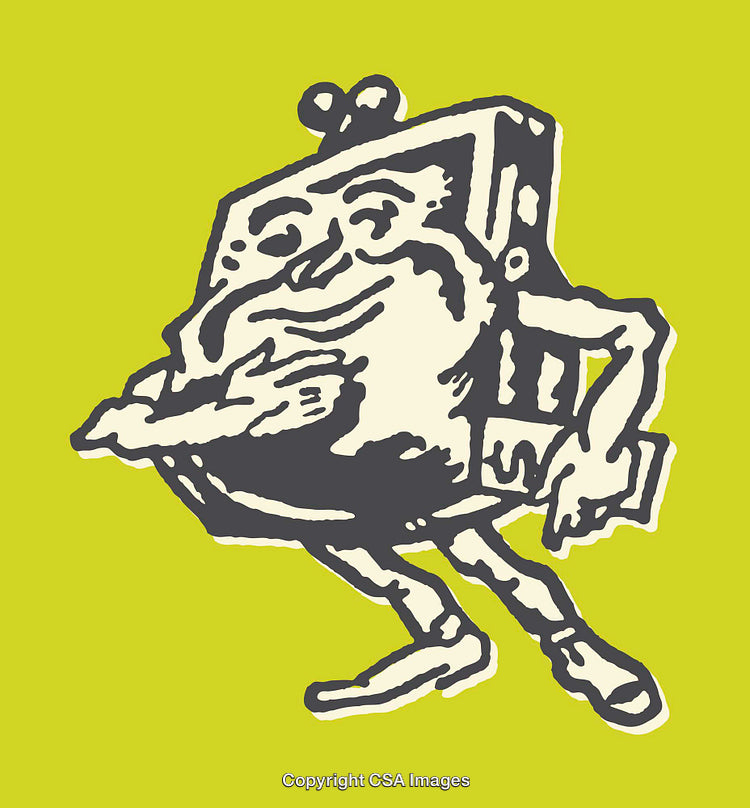 Quirky Cartoon Television Character on a Vibrant Yellow Background
