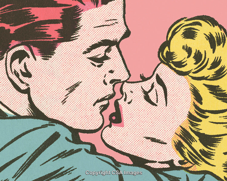 Vintage Comic Style Artwork of Romantic Couple Sharing an Intimate Moment