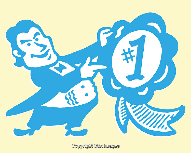 Blue Cartoon Illustration of a Man Promoting a Number One Award