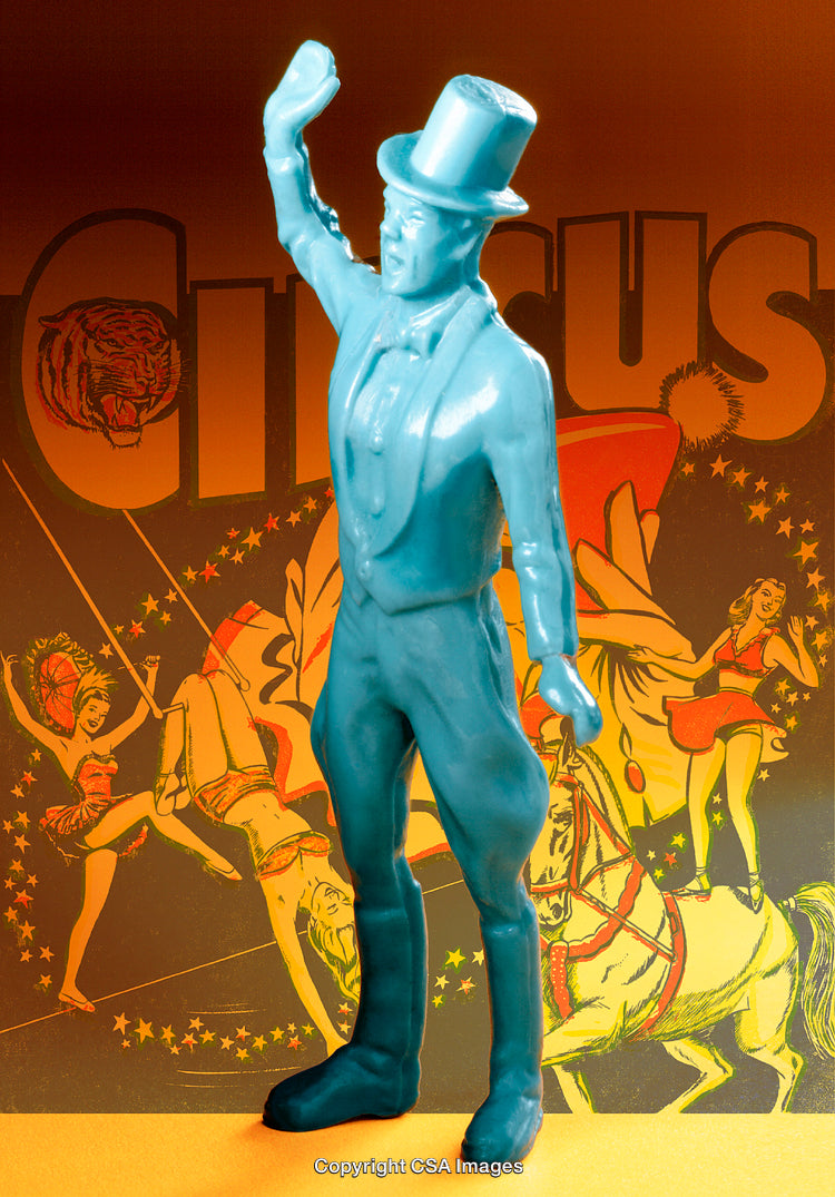 Blue Toy Ringmaster in Front of Colorful Vintage Circus Background