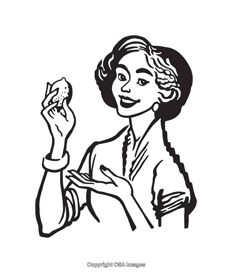 Black and White Line Art of a Woman Holding a Citrus Fruit