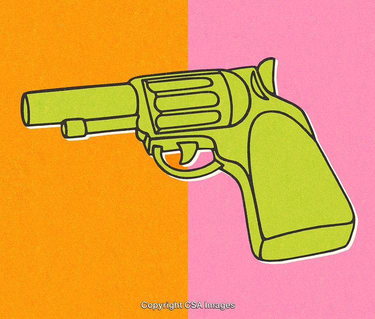 Pop Art Style Illustration of Green Revolver on Colorful Background
