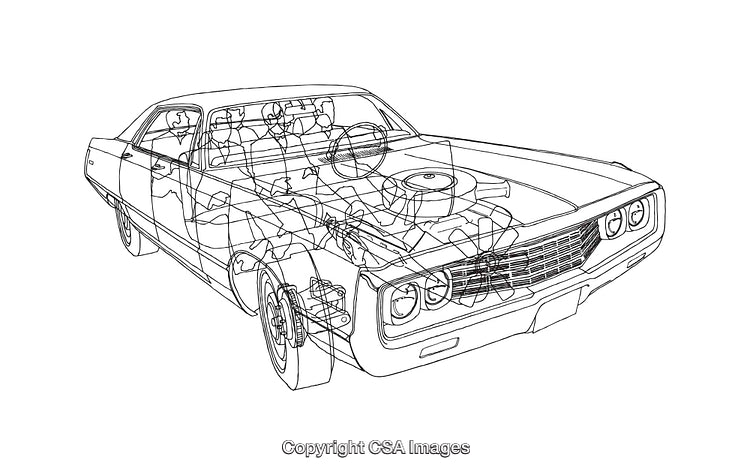 Detailed Black and White Diagram of a Classic Car Technical Illustration