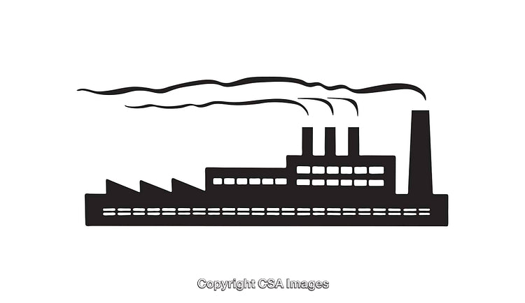 Black and White Line Art of Industrial Factory Silhouette