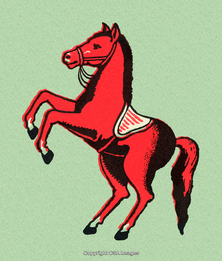 Vibrant Illustration of a Rearing Red Horse with Saddle on Green Background