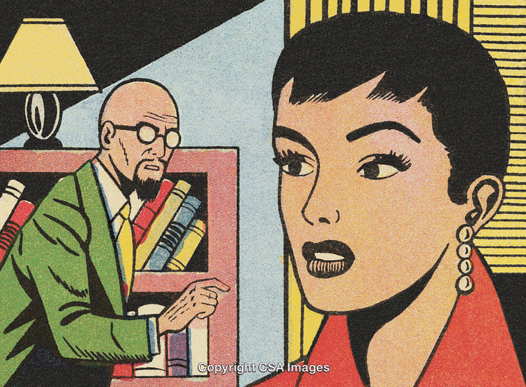 Retro Comic Style Art Depicting Suspenseful Scene with Two Characters