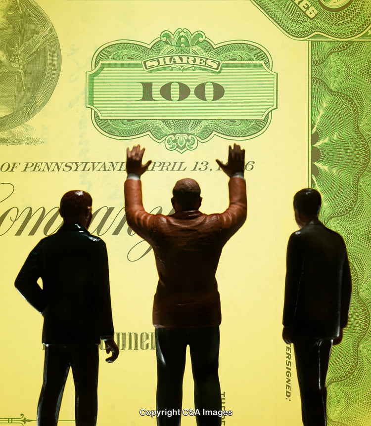 Plastic Figures Admiring a Stock Certificate with Financial Themes