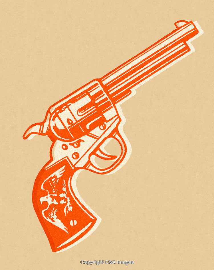 Vintage Orange Illustration of a Revolver Handgun on a Beige Background