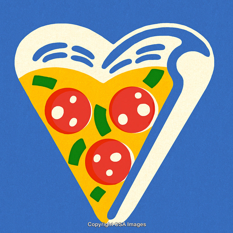 Heart-Shaped Pizza Slice With Toppings on a Colorful Background