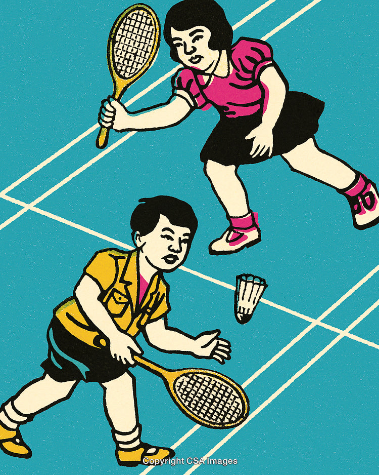 Vintage Illustration of Children Playing a Game of Badminton Outdoors