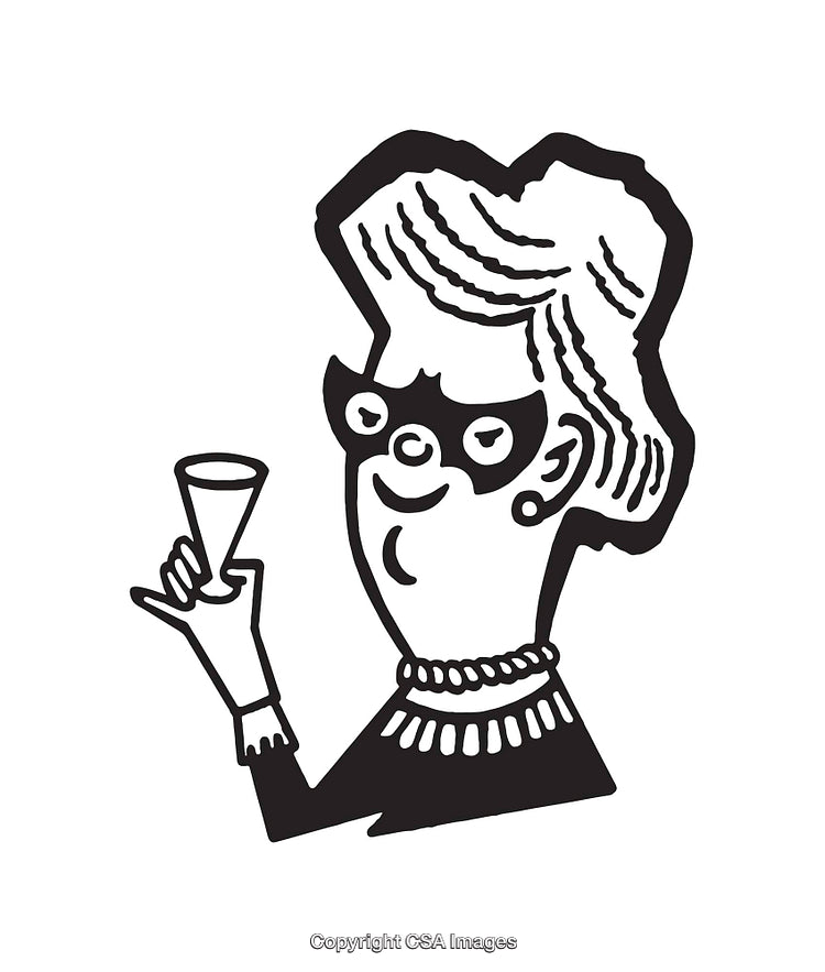 Black and White Line Art of a Celebratory Woman Holding a Glass