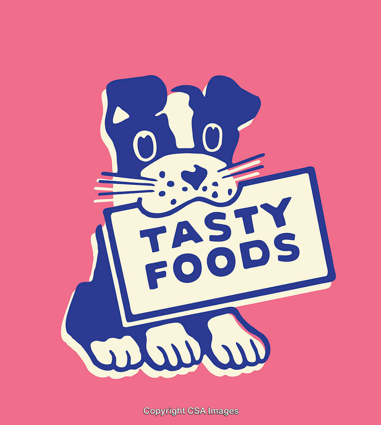 Playful Illustration of Dog Holding Tasty Foods Sign on Pink Background