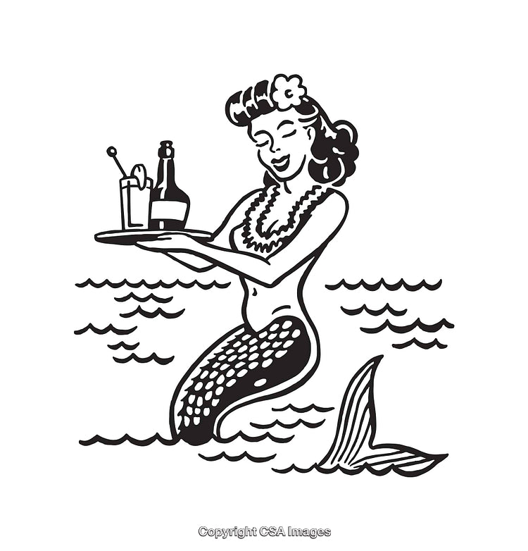 Whimsical Mermaid Line Art Serving Drinks in Ocean Waves