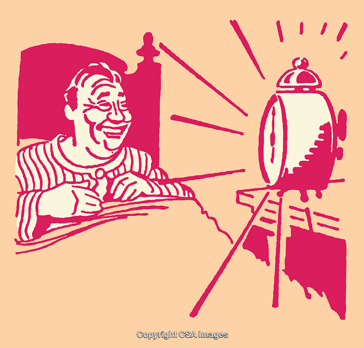 Smiling Man with Alarm Clock in Whimsical Line Art Style