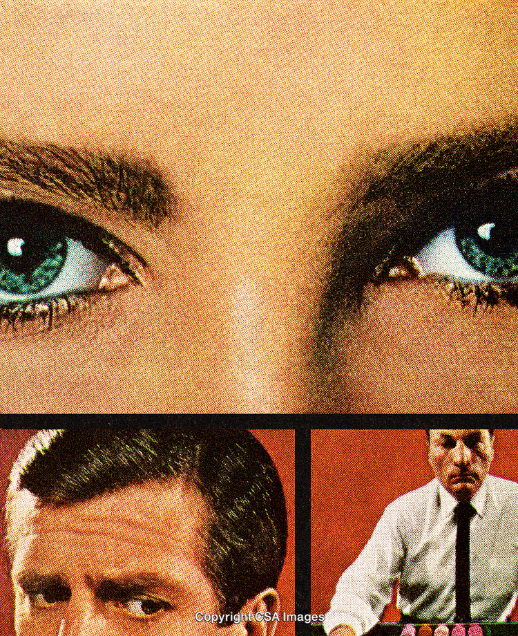 Retro-Styled Collage Featuring Faces and a Businessman on Vibrant Backgrounds