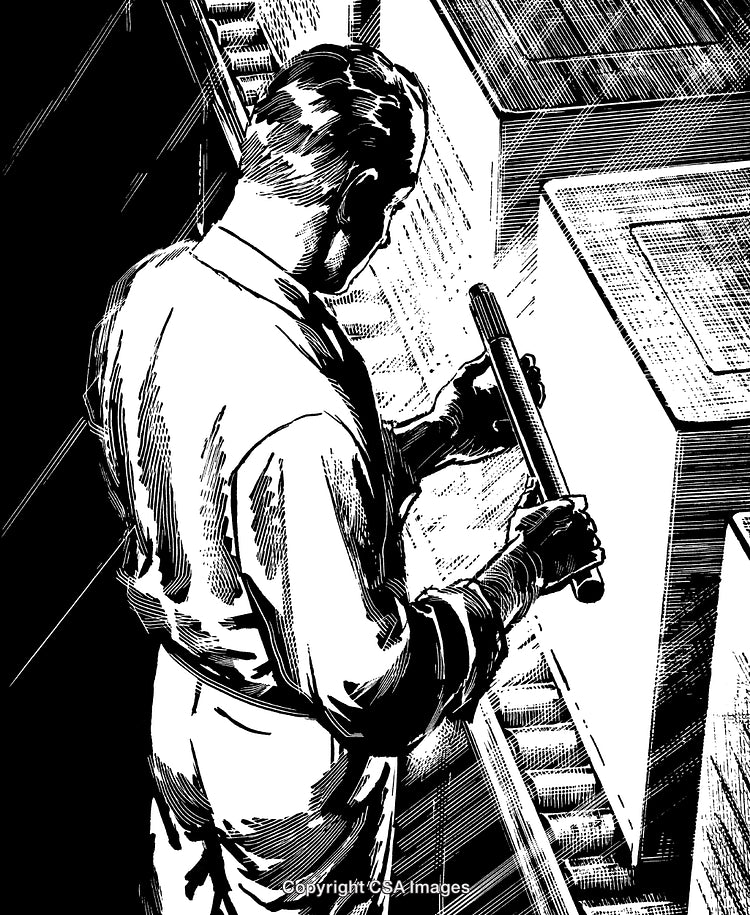 Black And White Engraving Depicting a Worker with Steel Rod