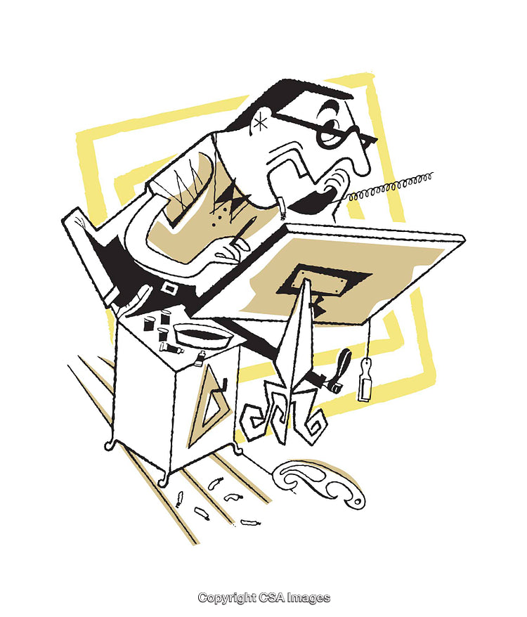 Cartoonish Illustration of a Designer Working at a Drafting Table
