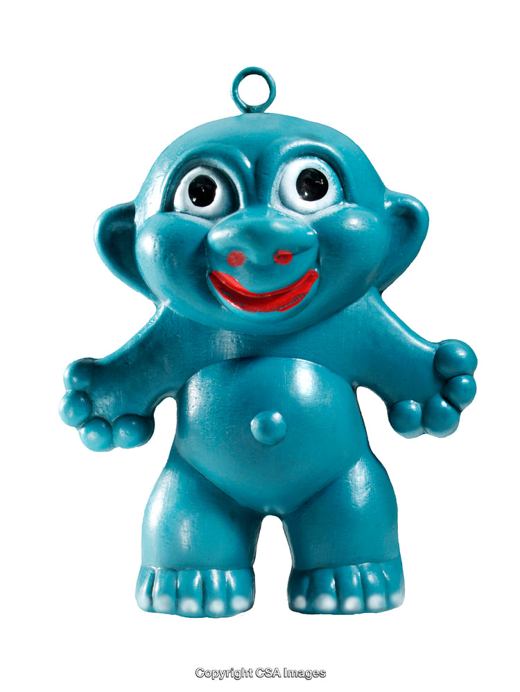 Blue Cartoon-Style Plastic Figure with Expressive Face and Circular Hook