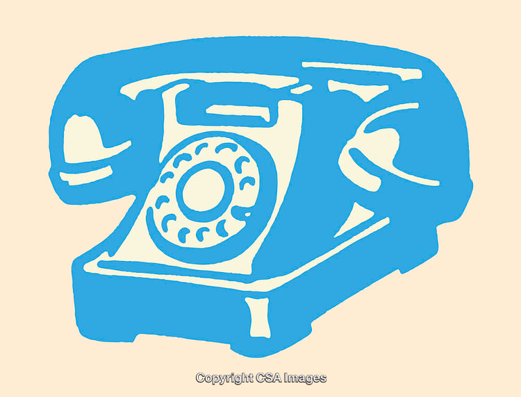 Vintage Blue Rotary Telephone Line Art Illustration on Beige Background