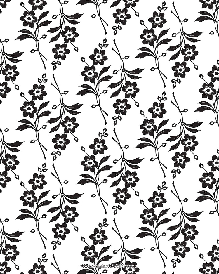 Elegant Black and White Floral Pattern with Leafy Design Elements
