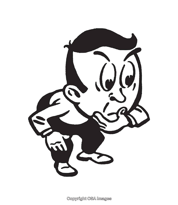 Black and White Line Art Illustration of a Thoughtful Man Crouching