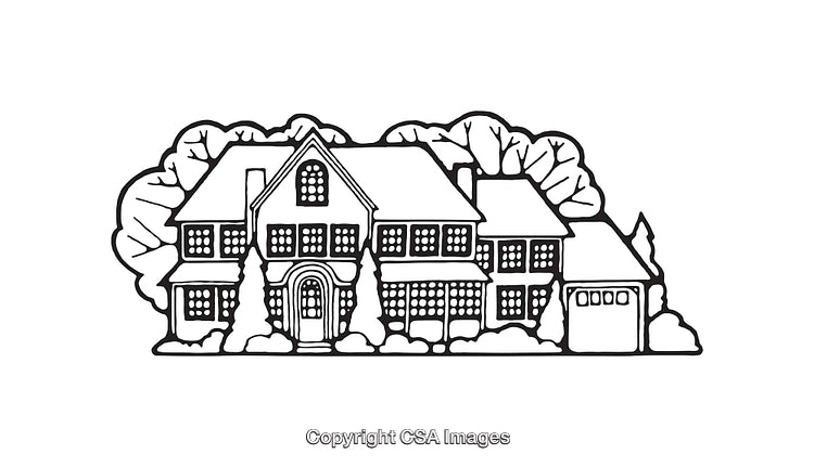 Charming Line Art Illustration of a Traditional Family Home with Trees