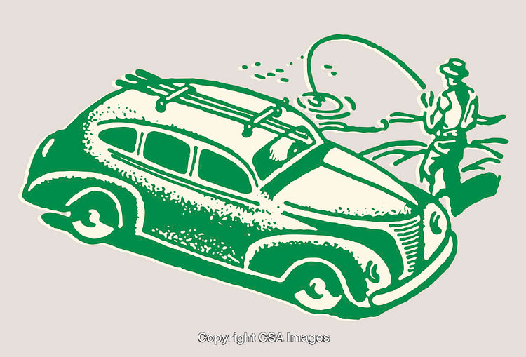 Vintage Illustration of a Fisherman Beside a Classic Car