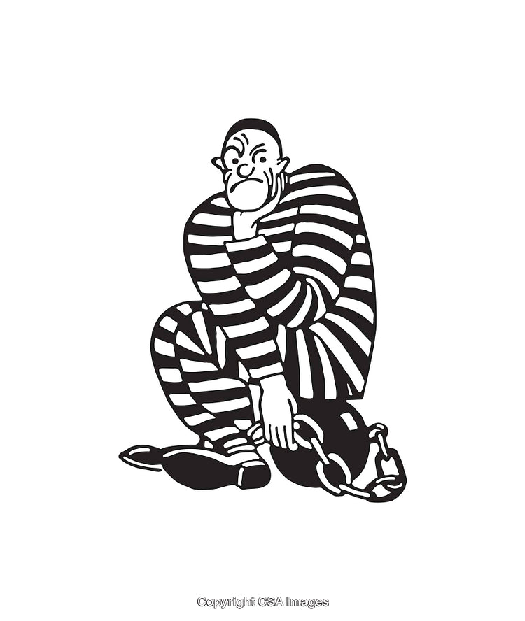 Black and White Line Art of a Prisoner in Striped Uniform