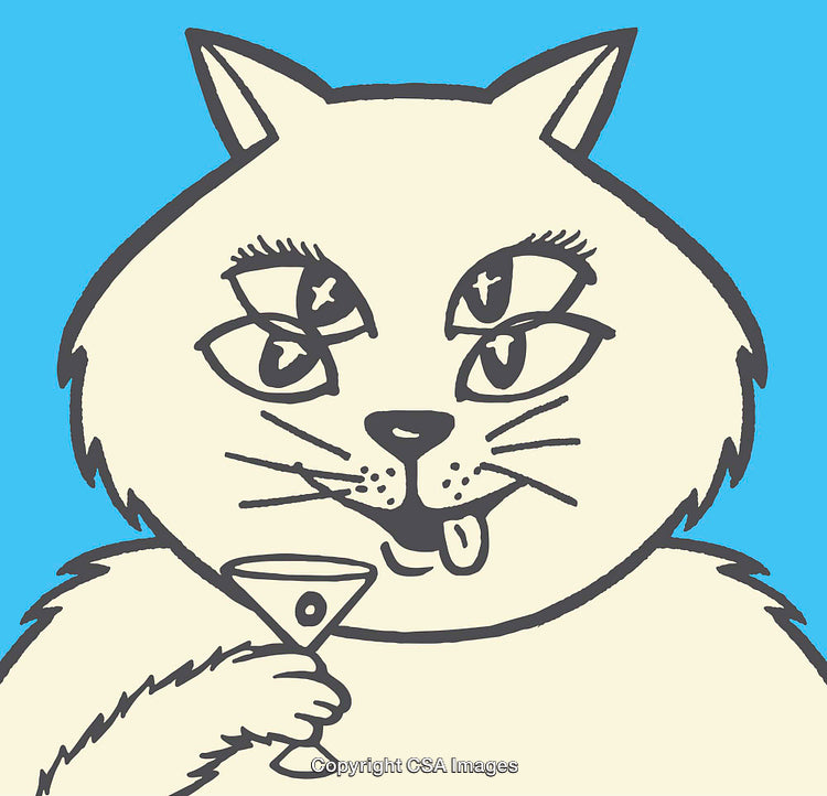 Whimsical Cat Illustration With Extra Eyes Holding a Martini Glass