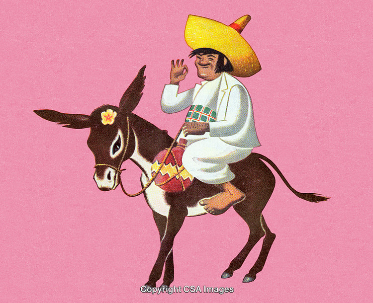 Colorful Illustration of Man Riding Donkey Against a Pink Background