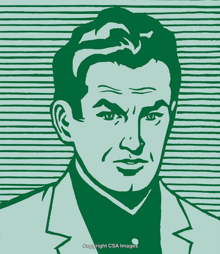 Retro-Style Illustration of a Man with a Thoughtful Expression and Striped Background
