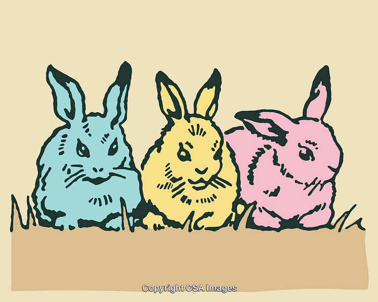 Colorful Line Art Illustration of Three Adorable Rabbits Sitting in Grass