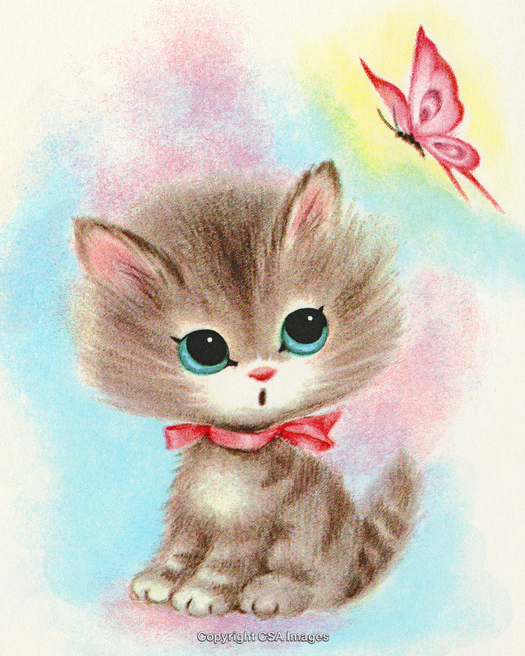 Adorable Kitten with Pink Ribbon Gazing at Butterfly in Colorful Illustration