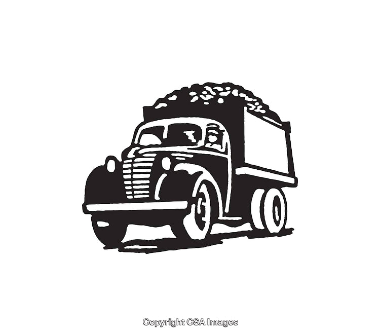 Vintage Black-And-White Line Art Illustration of a Retro Dump Truck