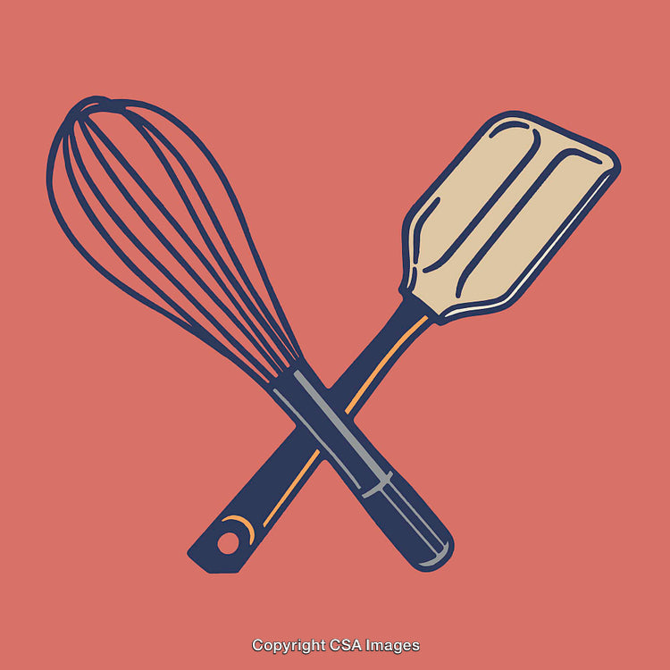 Line Art Illustration of Kitchen Whisk and Spatula on Coral Background