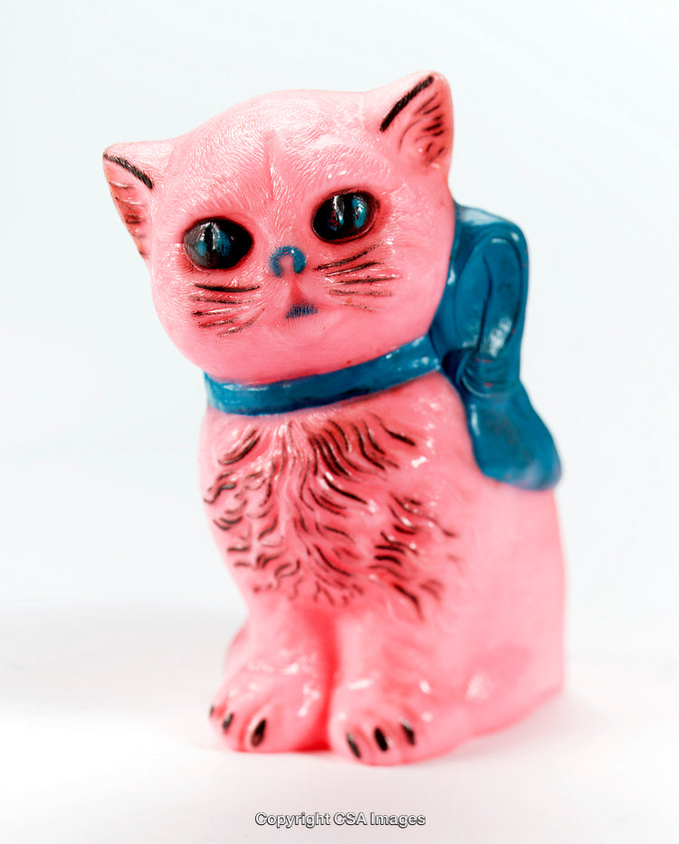 Pink Plastic Cat Figure With Blue Backpack on White Background