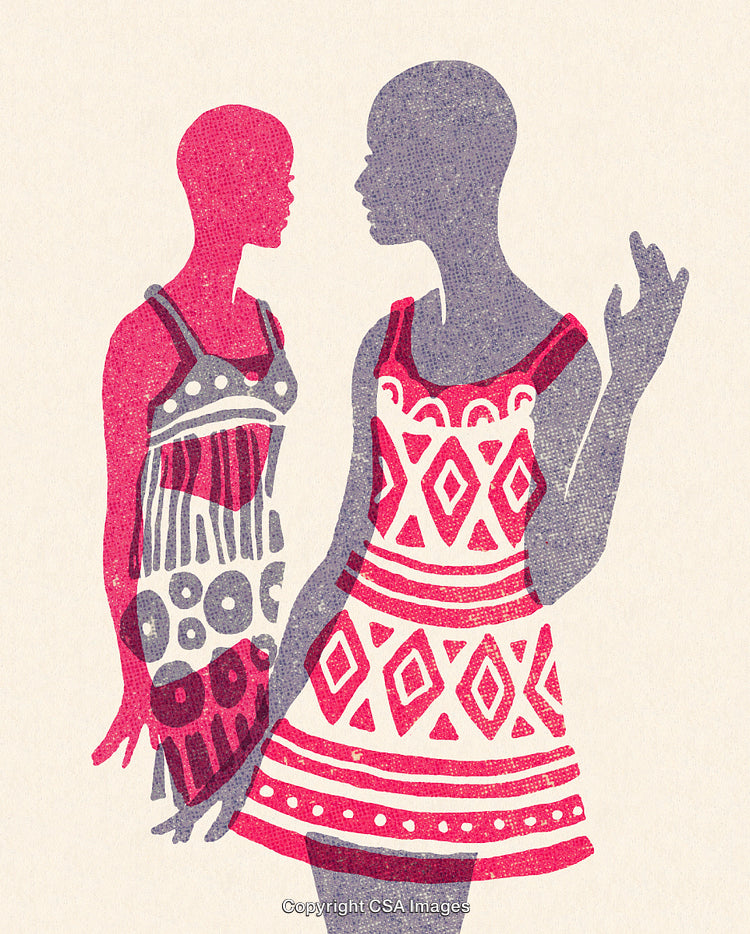 Colorful Abstract Illustration of Two Figures with Patterned Dresses