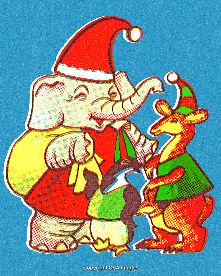 Festive Animals in Santa Hats Celebrating Together on a Blue Background