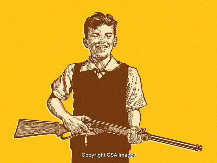 Retro Illustration of a Boy Holding a Rifle Against a Yellow Background