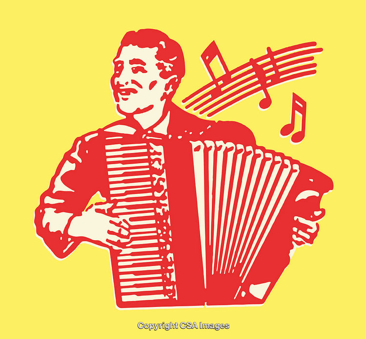 Retro Style Illustration of an Accordion Player With Musical Notes