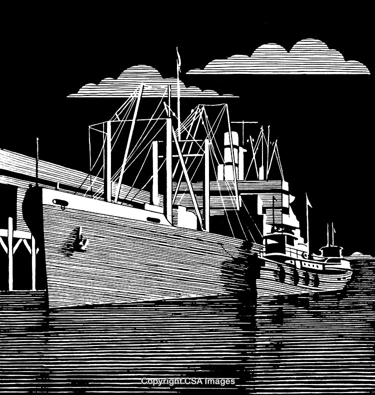 Detailed Black and White Engraving of Ships in Harbor Scene