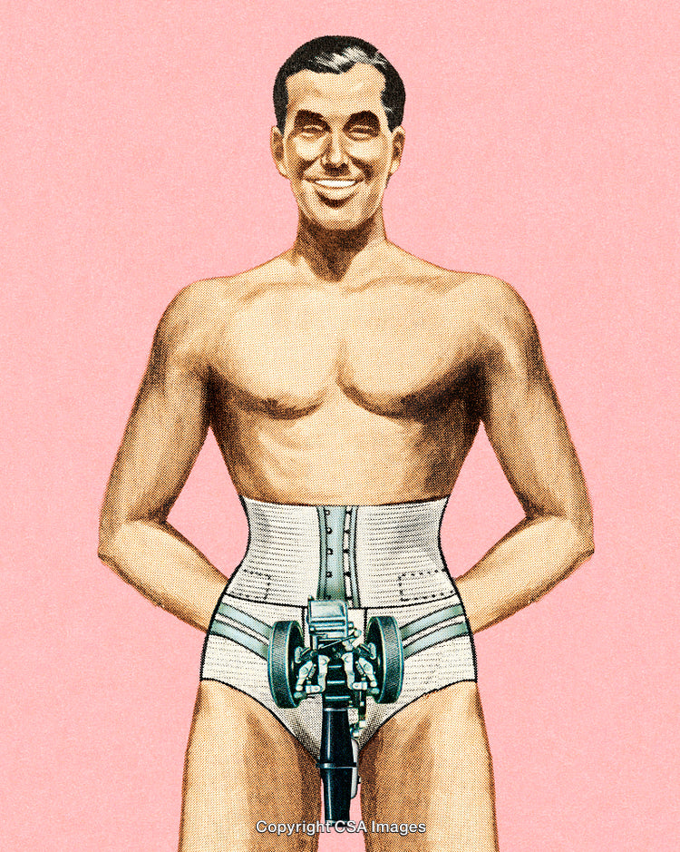 Retro Illustration of a Man With a Unique Mechanical Corset Design