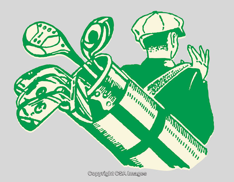 Retro Green Line Art of Golfer with Golf Bag and Clubs