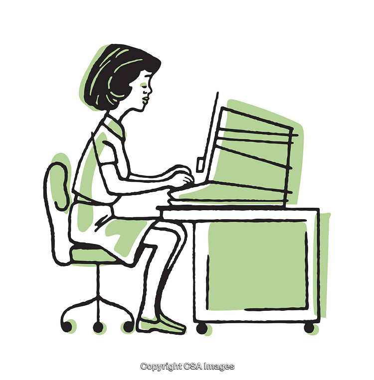 Retro Illustration of a Woman Working at a Desk on a Computer