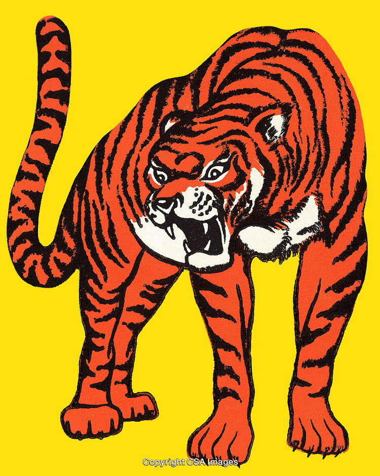 Vibrant Artistic Tiger Illustration Showcasing Strength on a Bright Yellow Background